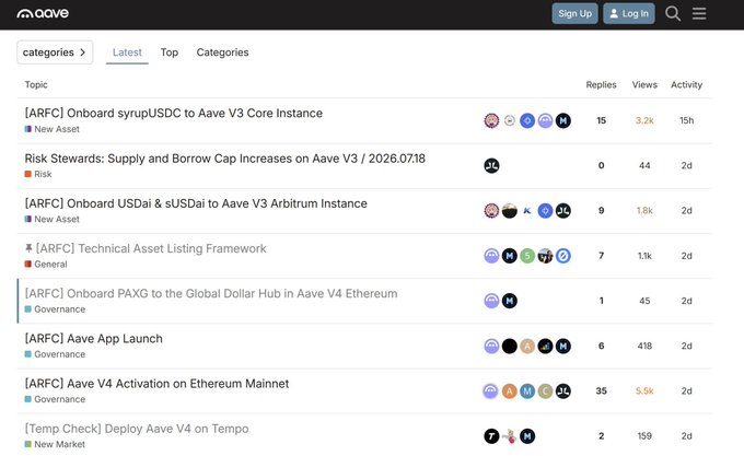 A screenshot of the Aave governance forum showing various ARFC (Aave Request for Change) proposals including 'Onboard syrupUSDC to Aave V3 Core Instance,' 'Risk Stewards: Supply and Borrow Cap Increases on Aave V3 / 2026.0718,' and 'Aave V4 Activation on Ethereum Mainnet.'