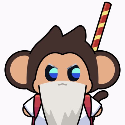 A cartoon monkey character with brown fur, blue eyes, a white beard, and a red-and-yellow striped staff or sword on its back.