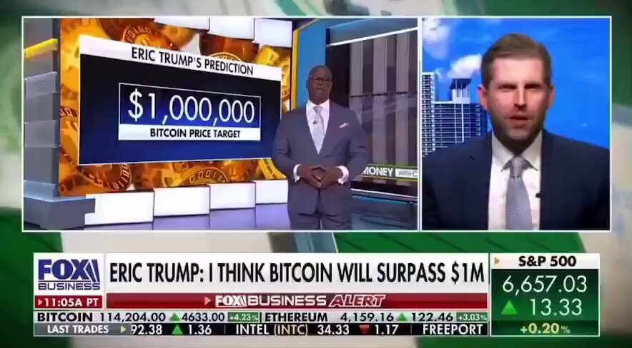 A screenshot of a news program featuring a man standing on stage with a podium, and another person speaking off camera about Bitcoin and Trump's prediction. The text overlaying these images reads "EricTrump Said, 'The flood gates are opening' and 'Bitcoin will hit $1,000,000'. I talk to the biggest companies, the biggest families in the world...very bullish".