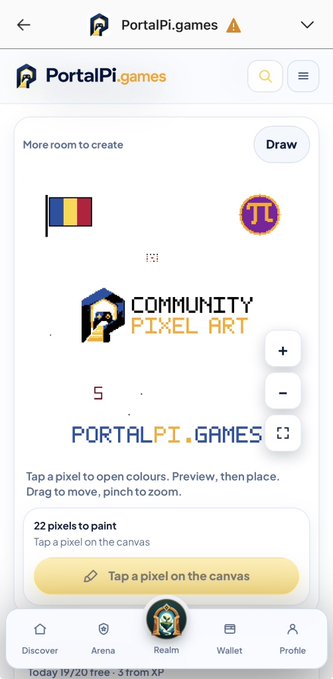 A mobile app screenshot for 'PortalPi.games' showing a community pixel art canvas with a Romanian flag, a pi symbol, and text reading 'COMMUNITY PIXEL ART' and 'PORTALPI.GAMES'.