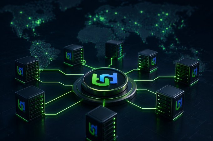 A 3D digital illustration depicts a network of black server units connected by glowing green lines to a central hub, set against a backdrop of a world map with illuminated cities.