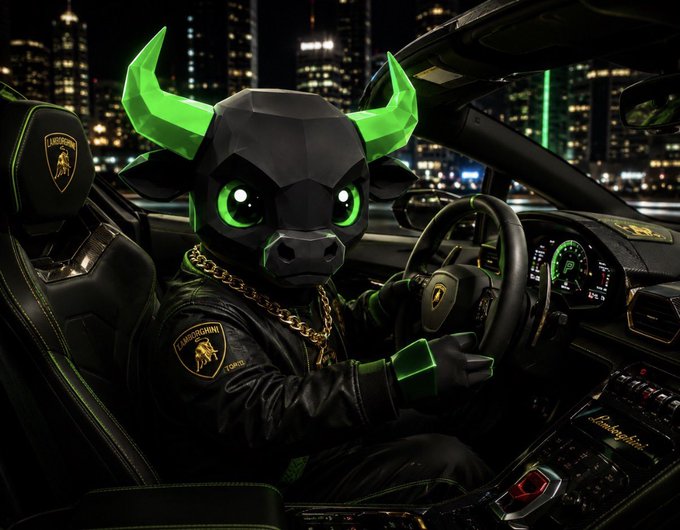 An anthropomorphic black bull character with glowing neon green horns and eyes sits in the driver's seat of a Lamborghini, wearing a black jacket and gold chain, set against a nighttime city skyline. Visible branding includes the Lamborghini logo on the seat and steering wheel, and the name "Lamborghini" on the dashboard, all tying into the post's theme of wealth and the $BABYANSEM meme token.