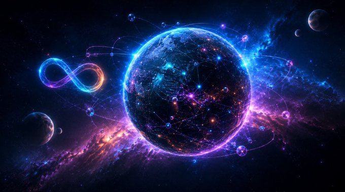 A vibrant cosmic scene depicts Earth surrounded by a glowing blue digital network, an infinity symbol, planets, and colorful nebulas in deep space.