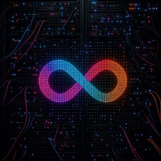 A glowing, multicolored infinity symbol illuminates the center of a dark server rack filled with blinking status lights and tangled cables, visually evoking endless, limitless potential. The vibrant neon hues and high-tech imagery reinforce the post's claim that "$ICP is the future of cloud!" by suggesting boundless scalability and continuous connectivity.