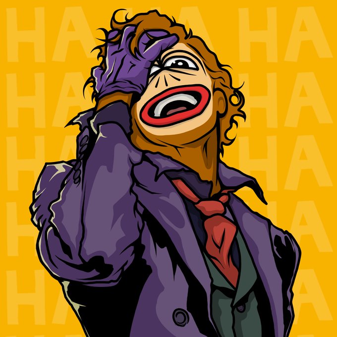 A cartoon illustration of the Joker character laughing maniacally while wearing a purple coat and red tie, set against a yellow background with repeating 'HA HA' text.