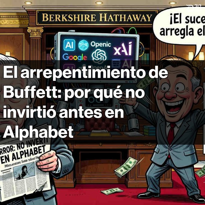 A cartoon illustration of Warren Buffett in a Berkshire Hathaway office with AI company logos (Google, OpenAI, xAI) on a monitor behind him, overlaid with Spanish text reading 'El arrepentimiento de Buffett: por qué no invirtió antes en Alphabet.'