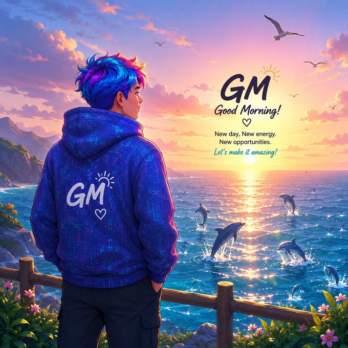 An anime-style illustration of a person with colorful blue-purple hair wearing a 'GM' hoodie, looking at a sunset over the ocean with dolphins leaping and seagulls flying, featuring the text 'GM Good Morning! New day. New energy. New opportunities. Let's make it amazing!'