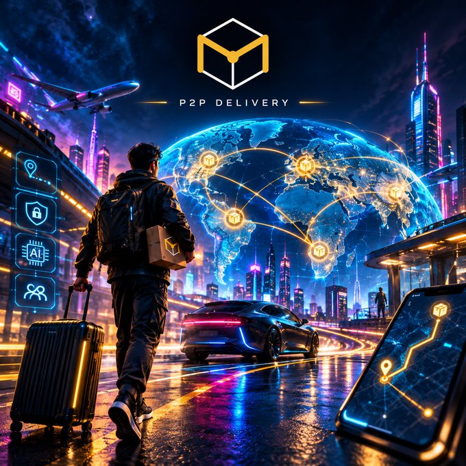 Futuristic promotional image for a 'P2P DELIVERY' service featuring a delivery person with packages walking toward a glowing world map with connected shipping icons, alongside a sports car and a digital routing interface.