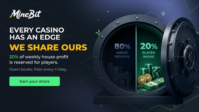 An advertisement for MineBit casino features the tagline 'EVERY CASINO HAS AN EDGE, WE SHARE OURS,' showing an 80/20 split between house reserve and player share with an image of a vault and coins.