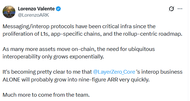 A tweet by Lorenzo Valente (@LorenzoARK) discussing messaging/interop protocols as critical infrastructure, predicting @LayerZero_Core's interop business will grow into nine-figure ARR.