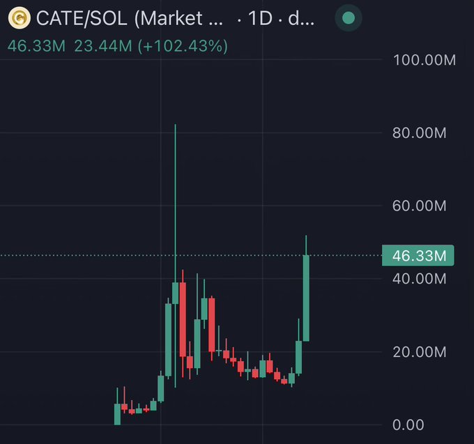 The image displays a candlestick chart for the CATE/SOL trading pair on a 1-day timeframe, showing a massive price surge of +102.43% with a current market cap of 46.33M, up from 23.44M, reinforcing the post's claim about the growing strength of the CATE coin community.