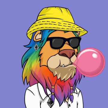 Cartoon illustration of a lion with a rainbow mane, wearing a yellow hat, sunglasses, and a white shirt while blowing a pink bubblegum bubble.