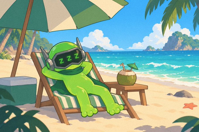 A cute digital illustration of a small green alien-like character wearing VR goggles displaying 'Zzz', lounging on a beach chair with a coconut drink under a striped umbrella.