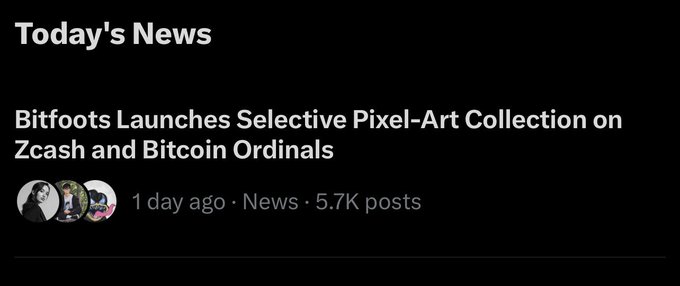 A news header reads 'Today's News' with a headline stating 'Bitfoots Launches Selective Pixel-Art Collection on Zcash and Bitcoin Ordinals' from 1 day ago.