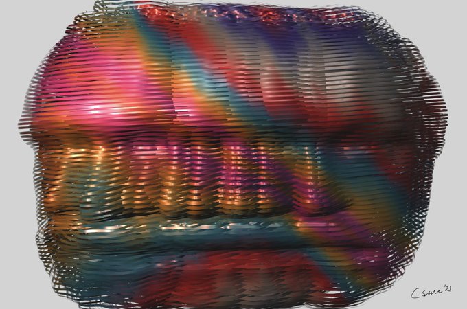 Abstract art piece with swirling, wavy horizontal lines in vibrant colors of red, pink, purple, blue, gold, and green.