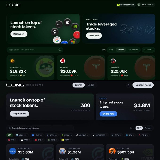 The image shows the LONG (longdotxyz) platform interface, a launchpad for trading stock tokens on the Robinhood Chain, featuring sections for launching stock tokens, trading leveraged stocks (3x-5x), and bridging real stocks to Arc, with example tokens like $PONSYCLUB ($19.81K anchored to AI), $GOROGOS ($20.09K anchored to TSLA), and $PANICBOT ($20.06K anchored to TSLA). This serves as the design reference for replicating a similar launchpad platform without errors.