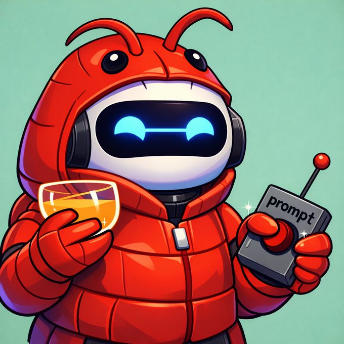 An illustration of a friendly cartoon robot wearing a red lobster costume, holding a drink and a device labeled 'prompt'.
