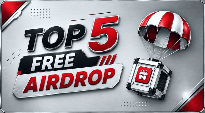 A graphic banner with bold red and black text reading 'TOP 5 FREE AIRDROP' alongside an illustration of a red and white parachute delivering a gift-marked crate.