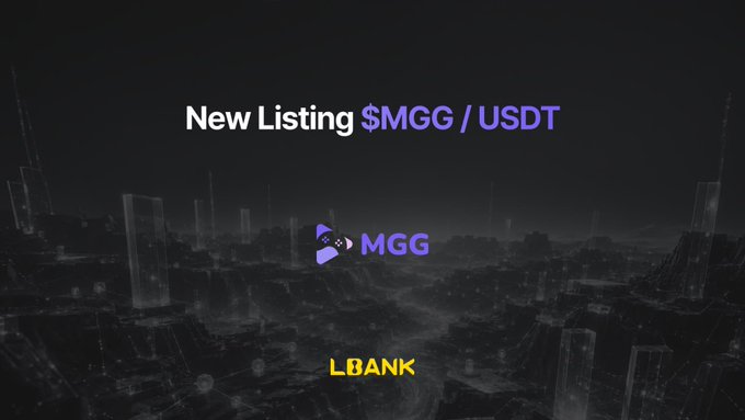 The image features a poster for a new listing of $Mgg (MimboGameGroup) onLBank! Trading Pair, which includes SPOT MGG/USDT Timeline. The poster has a dark background with white text that reads "New Listing: $Mgg / USDT". Below the title, there is a description of the listing and its relation to the post. The image also contains a logo for LBank, indicating that this listing is being promoted by the bank.