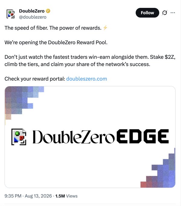 A tweet from 'DoubleZero' (@doublezero) announcing the DoubleZero Reward Pool, inviting users to stake $22 to earn rewards, featuring a 'DoubleZero EDGE' banner.
