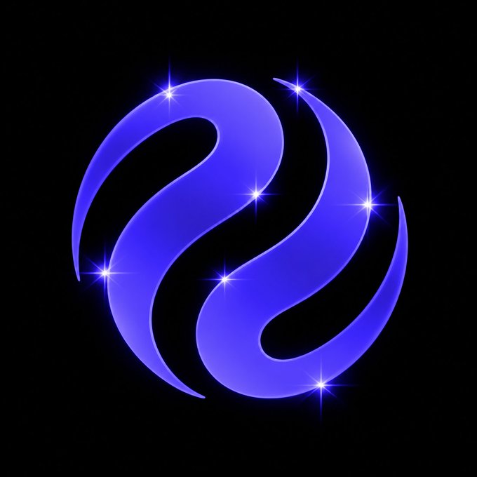 A purple swirling logo with bright star-like sparkles on a black background.