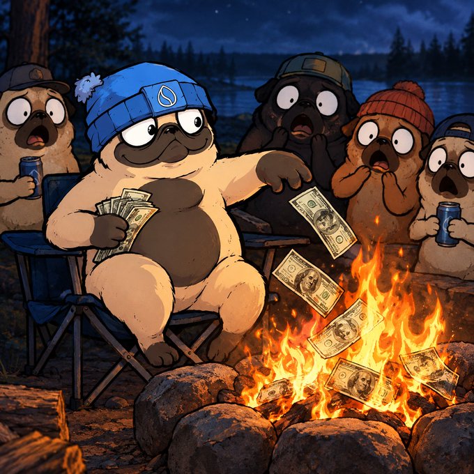 An animated illustration of a pug wearing a blue beanie sitting in a camping chair, holding and throwing cash into a campfire while other surprised pugs watch in shock.