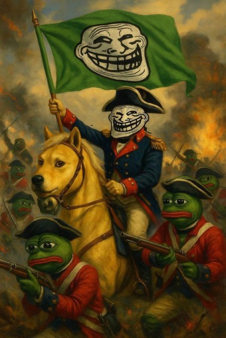 An oil painting depicts a triumphant revolutionary figure in a bicorne hat riding a horse while hoisting a green flag bearing the classic Trollface meme, surrounded by Pepe the Frog soldiers charging into battle with muskets. The scene reimagines historic military paintings as a meme rallying cry, tying into the post's theme of $TROLL elevating established internet memes to legendary status.