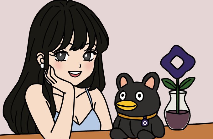 A cute illustration of a smiling girl with long dark hair sitting next to a small black dog figurine and a potted plant with a purple diamond-shaped flower.