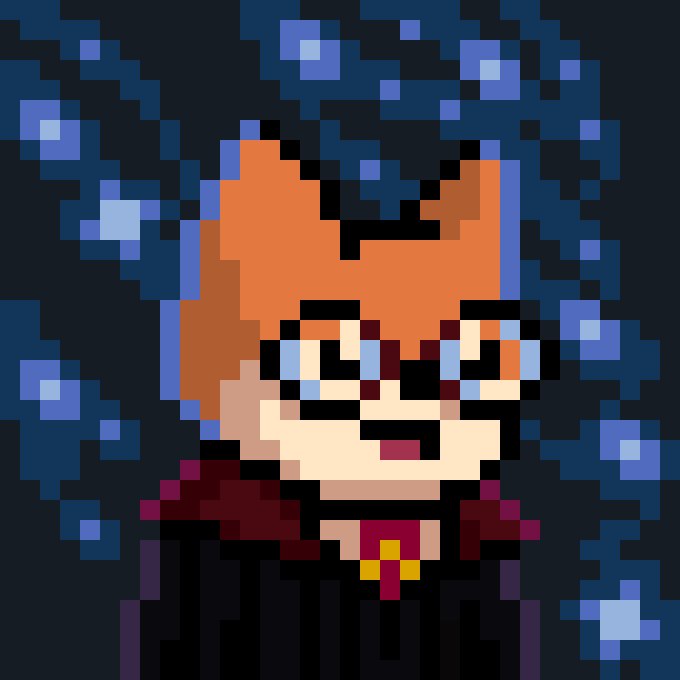 A pixel art portrait of a character with spiky orange hair and large expressive eyes, wearing a dark robe and red and yellow tie against a blue starry background.