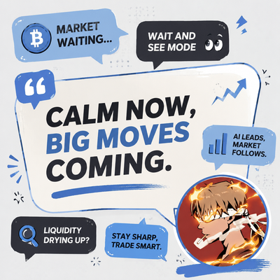 A cryptocurrency-themed graphic with speech bubbles reading 'MARKET WAITING...', 'WAIT AND SEE MODE', 'CALM NOW, BIG MOVES COMING.', 'AI LEADS, MARKET FOLLOWS.', 'LIQUIDITY DRYING UP?', and 'STAY SHARP, TRADE SMART,' featuring a Bitcoin logo and an anime character.