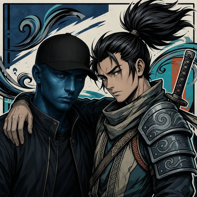 Stylized illustrated portrait of two characters: one with blue skin wearing a black cap and jacket, and another with long dark hair in a ponytail wearing samurai-style armor with a katana, set against swirling blue waves.