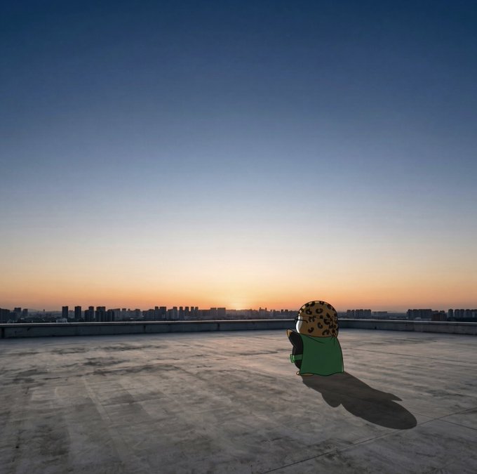 An anime-style image of a small character wearing a leopard-print hat and green coat, sitting alone on a rooftop watching a city sunset.