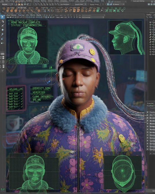 A digital 3D artwork of a person with closed eyes wearing a purple cap with a smiley face and a floral puffer jacket, surrounded by green wireframe head scans and 'MIND BACKUP COMPLETE' holographic text.