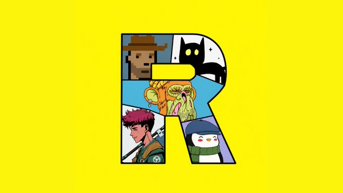 The image features a vibrant yellow background with the word "R" prominently displayed, surrounded by various cartoon characters such as a man wearing a cowboy hat, a woman holding an umbrella, and a cat sitting on top of a chair. The text "Not just pfps. A glimpse into the kind of collections living on our platform." is also present in the image. This suggests that there might be more images or illustrations related to the cartoon characters featured on this post.