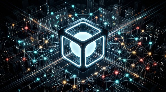 Futuristic digital artwork showing a glowing blue cubic structure connected to a network of colorful nodes and lines overlaying a dark cityscape.