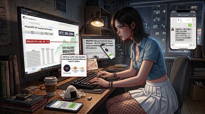 An anime-style digital illustration of a woman typing on a keyboard at a desk, with visible text including 'BTC: $86,000', 'BREAK EVEN LINE: $81,722', and various crypto analysis screens showing 'ETF HOLDERS BREACHED'.