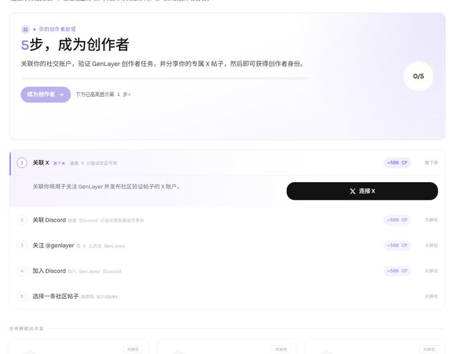 A screenshot of a Chinese-language creator onboarding page titled '5步，成为创造者' (5 steps to become a creator) with social media follow tasks and CP rewards.