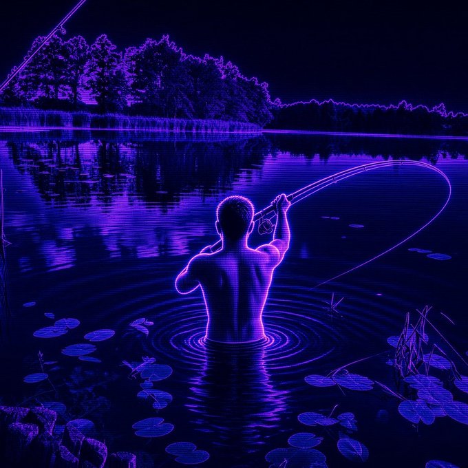 A neon-style digital artwork shows a shirtless figure fly-fishing in a dark lake illuminated by purple and blue hues, casting a curved line into the water.