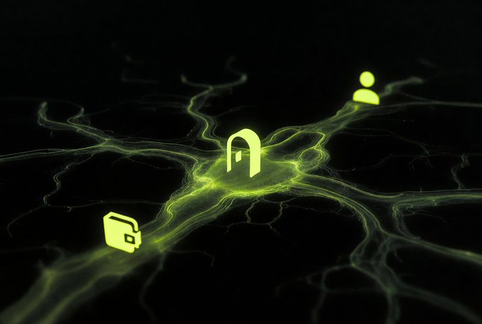A digital abstract image featuring glowing green vein-like patterns on a dark background, with neon icons representing a user, a portal/door, and a wallet connected by the lines.