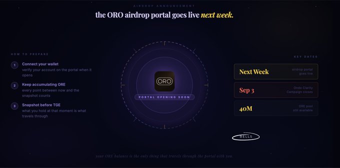 A dark promotional graphic announces "the ORO airdrop portal goes live next week," featuring instructions to connect a wallet, keep accumulating ORE, and prepare for a snapshot before TGE, alongside key dates including Sep 3 for the Ondo Clarity Campaign and 40M ORO post-snapshot allocations. The image directly supports the accompanying post by visually explaining the snapshot mechanism, highlighting that wallet balances recorded before TGE are what travel through the portal and determine airdrop eligibility.
