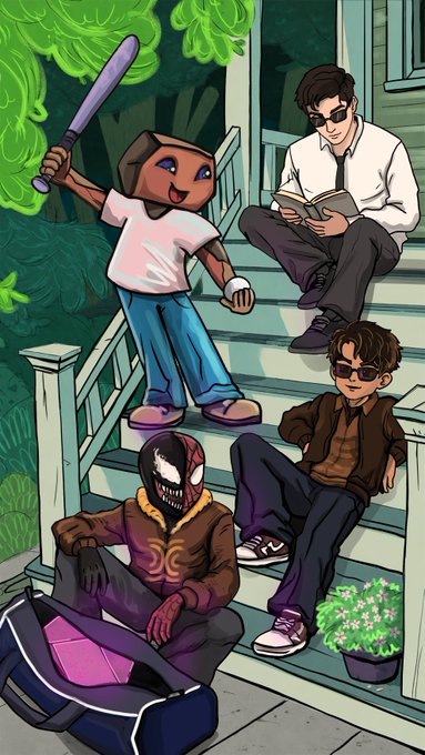 A digital illustration of stylized characters on porch stairs, including one holding a baseball bat, one reading a book, and a masked figure with a Spider-Man-esque design next to a pink backpack.