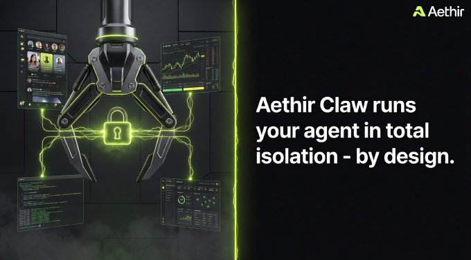The image features a robot claw with green neon lights, which is designed for security purposes. The claw is equipped with a lock and key, indicating that it can securely store data and protect it from unauthorized access. The caption below the image reads "Aethir Claw runs your agent in total isolation - by design." This suggests that the claw's primary function is to ensure the security of the data stored within it.