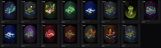 A grid showing various colorful 3D voxel-style NFT island collectibles with different themed designs and numbers beneath each item.
