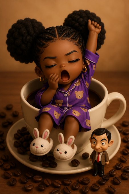 A cute, cartoon-style figurine of a sleepy girl in purple teddy bear pajamas yawns while stretching, sitting in a coffee cup surrounded by coffee beans, bunny slippers, and a tiny business man. It playfully illustrates the "Rise and shine, GM Web3" post—capturing that drowsy morning moment before coffee kicks in to start the day.