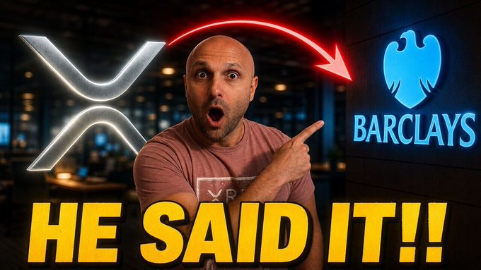 A man reacts with a shocked expression, pointing to a glowing "BARCLAYS" logo next to a large XRP symbol, with a red arrow connecting them and bold yellow text reading "HE SAID IT!!" — visually emphasizing the post's claim about a former Barclays CEO publicly endorsing Ripple's financial infrastructure.