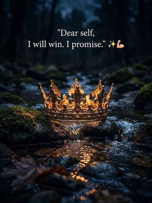 A golden crown rests on moss-covered rocks in a dark forest stream, glowing beneath the inspirational text: *"Dear self, I will win. I promise."* ✨💪

The image complements the post's "On a missing" theme by suggesting that while something valuable may be lost, the crown serves as a powerful reminder to oneself that victory and self-worth remain within reach—a promise to reclaim what matters.