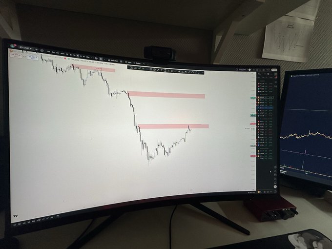 The image shows a computer monitor displaying a stock chart, with two monitors placed side by side on a desk. The stock chart features red lines representing the price of Bitcoin over time. The text "GM fam! Ready for a new trading day? $BTC $ETH" is also present in the image. This suggests that the user might be interested in investing or monitoring Bitcoin prices, possibly as part of their daily trading activities.
