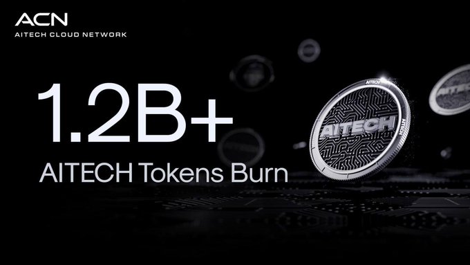 The image features a black background with white text that reads "1.2B+ $AITECH Tokens Burnt! 1.2B+ $AITECH tokens have now been permanently burned on-chain." The text indicates that the AITech token has been permanently burnt, and it is part of an initiative to burn old legacy tokens.