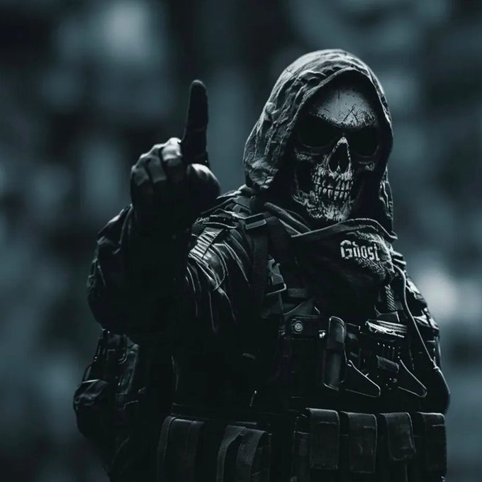 A dark, dramatic illustration features a hooded skeletal figure in tactical military gear with the word 'Ghost' displayed on the uniform, pointing one finger upward.