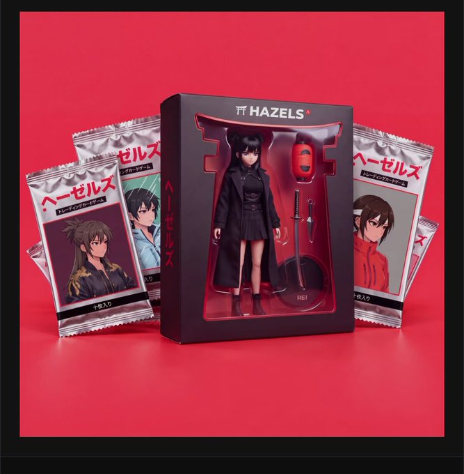 A promotional image for 'HAZELS' featuring an anime-style figure of a dark-haired character in a black coat named 'REI' inside packaging, surrounded by character-themed packets with Japanese text.